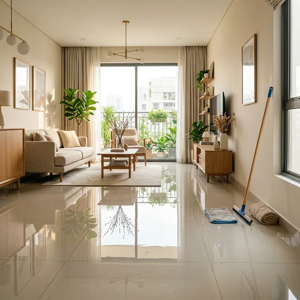 Sala de apartamento com uma lâmina de água cobrindo o piso e um rodo encostado na parede