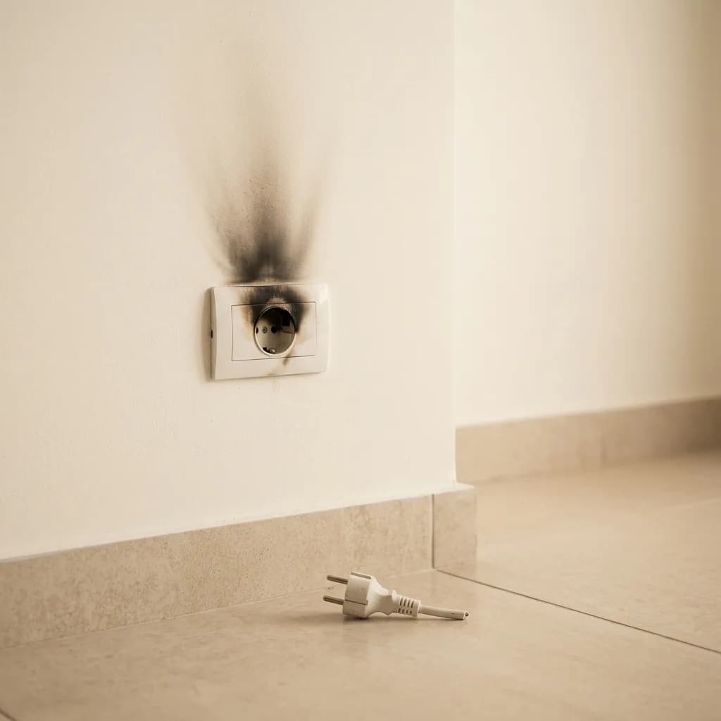 Tomada de parede queimada, com marca escura de fuligem ao redor