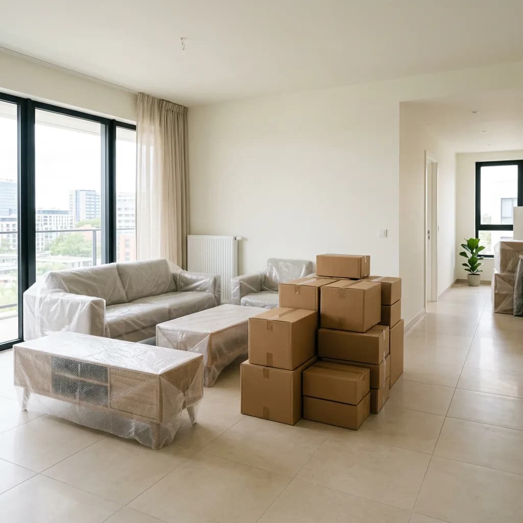 Móveis de sala embalados em plástico bolha e caixas de papelão empilhadas num apartamento