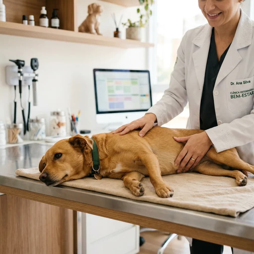 Cachorro deitado na mesa de atendimento de uma clínica veterinária, examinado pela veterinária