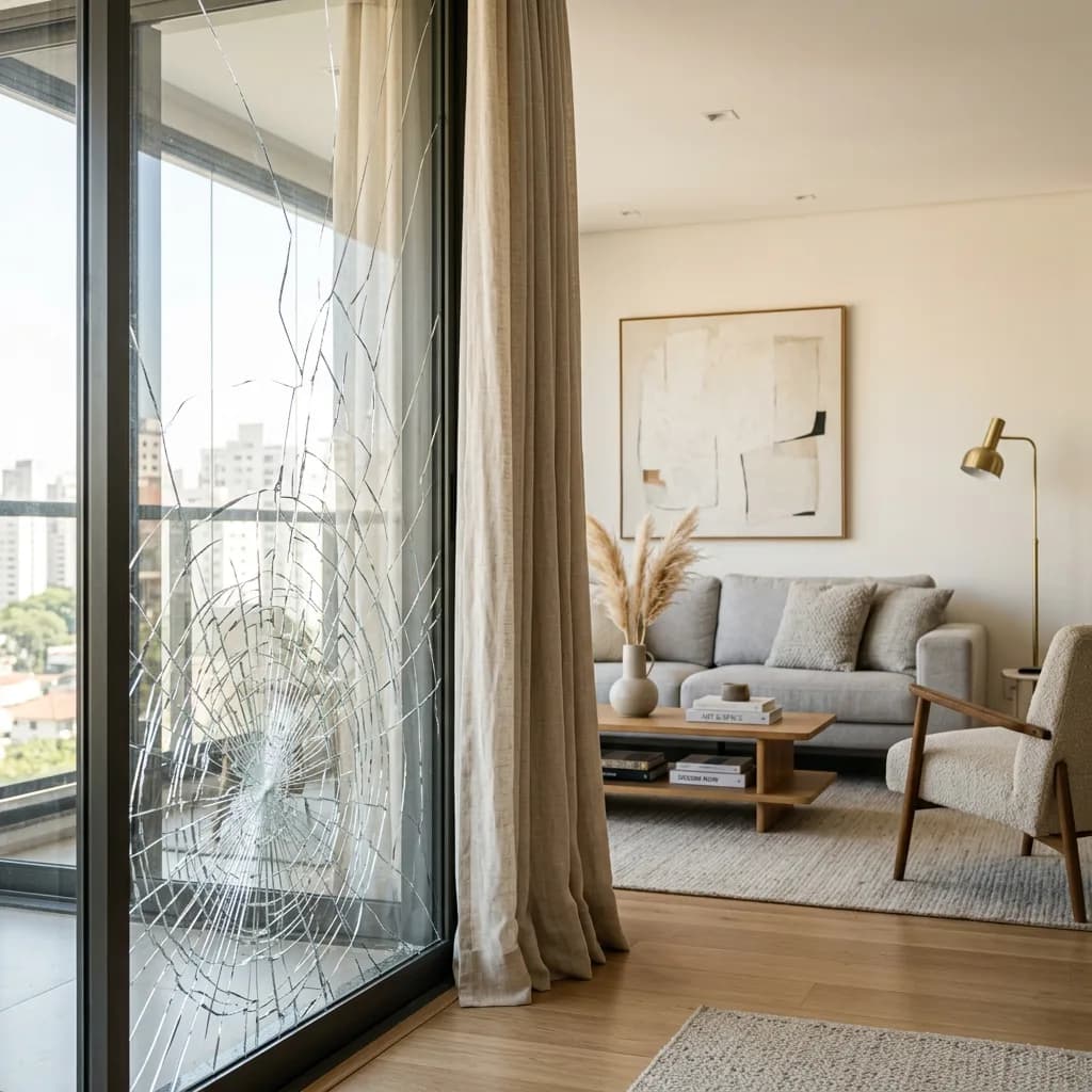 Vidro de janela trincado e estilhaçado na sala de um apartamento
