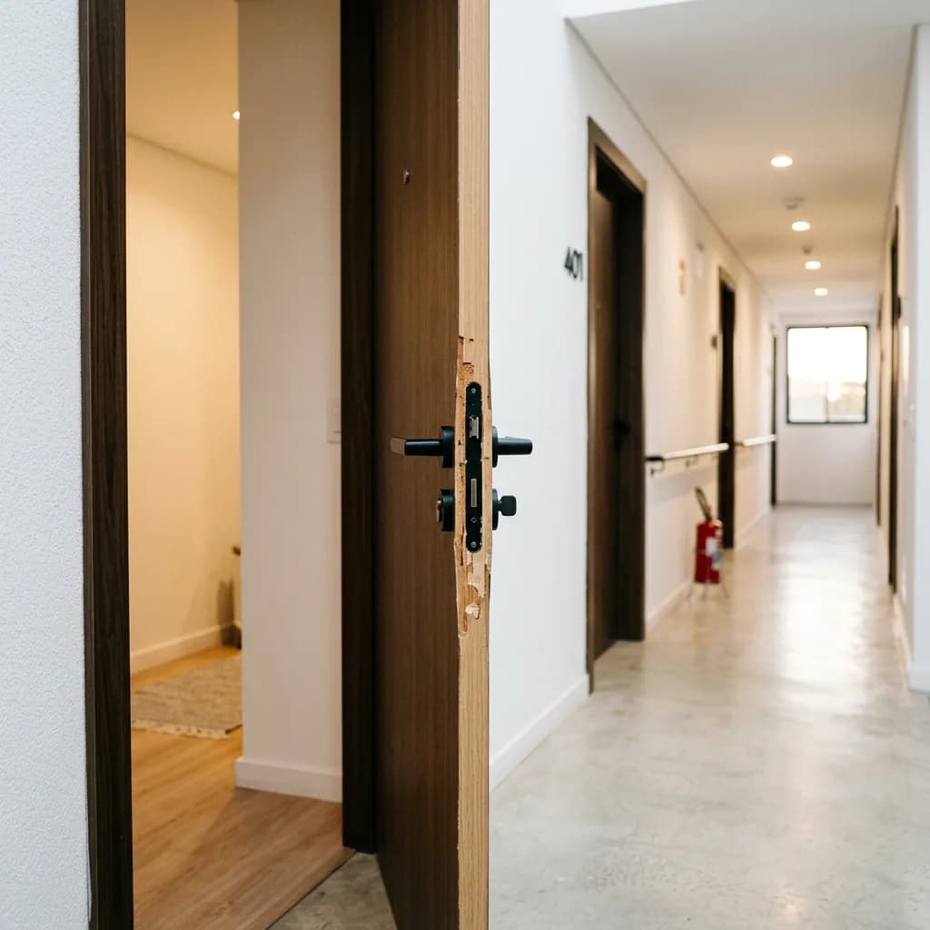Porta de apartamento arrombada, com o batente lascado na altura da fechadura