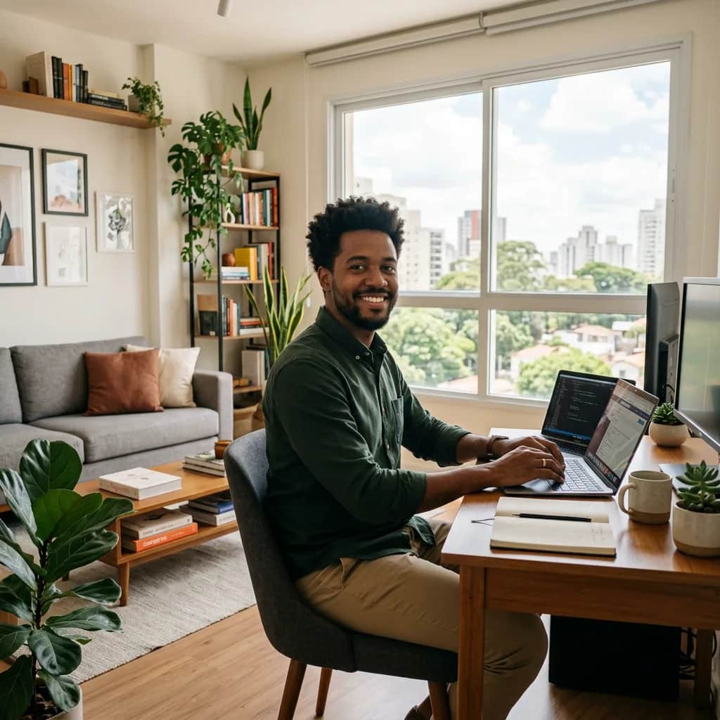 João Vitor na sala do apartamento alugado dele no Centro de Juiz de Fora, com o notebook de trabalho na mesa junto à janela