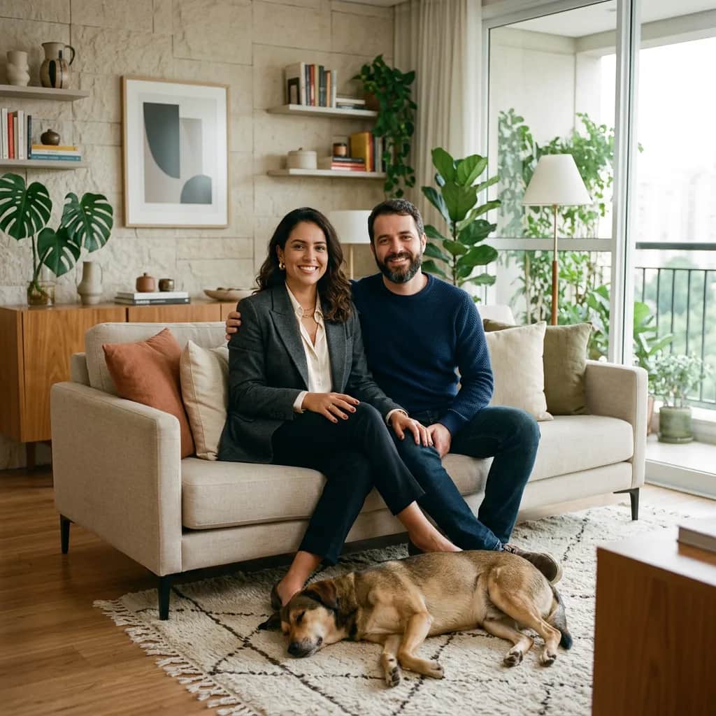 Julia sentada no sofá da sala do apartamento alugado dela no Cascatinha, em Juiz de Fora, ao lado do companheiro, com o cachorro deitado no tapete