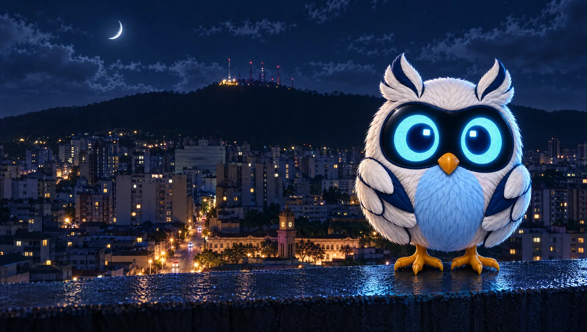 Coru pousada num parapeito à noite, com a serra e as torres de antena de Juiz de Fora ao fundo