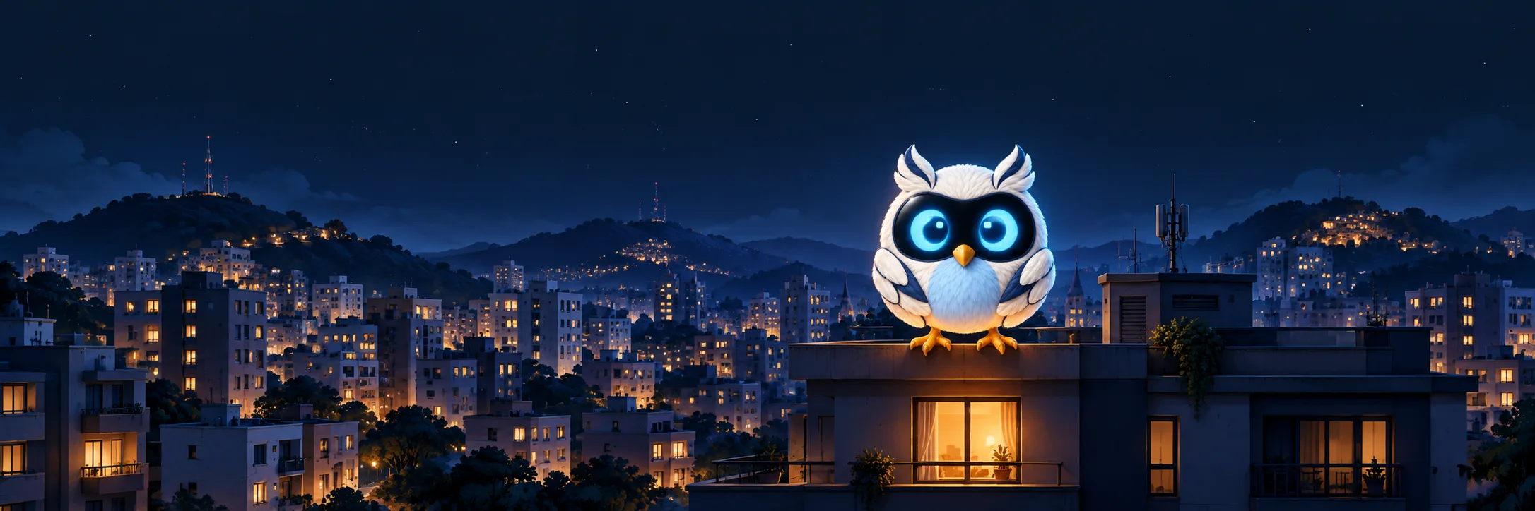 Coru pousada sobre um prédio, com uma janela iluminada sob ela e a cidade de Juiz de Fora à noite ao fundo